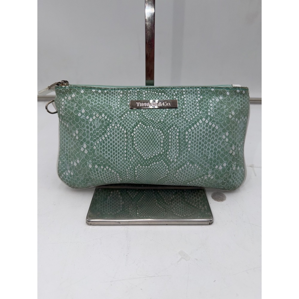 Tiffany & Co Green Snakeskin Print Leather Zip Cosmetic Pouch Makeup Bag